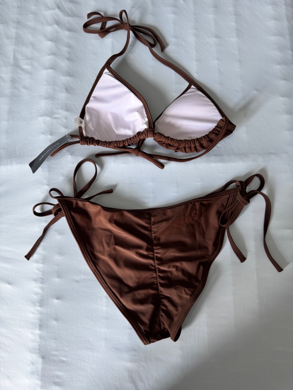 Brown Ruched String Bikini Top and Bottom Adjustable Size M NWT - Picture 3 of 3